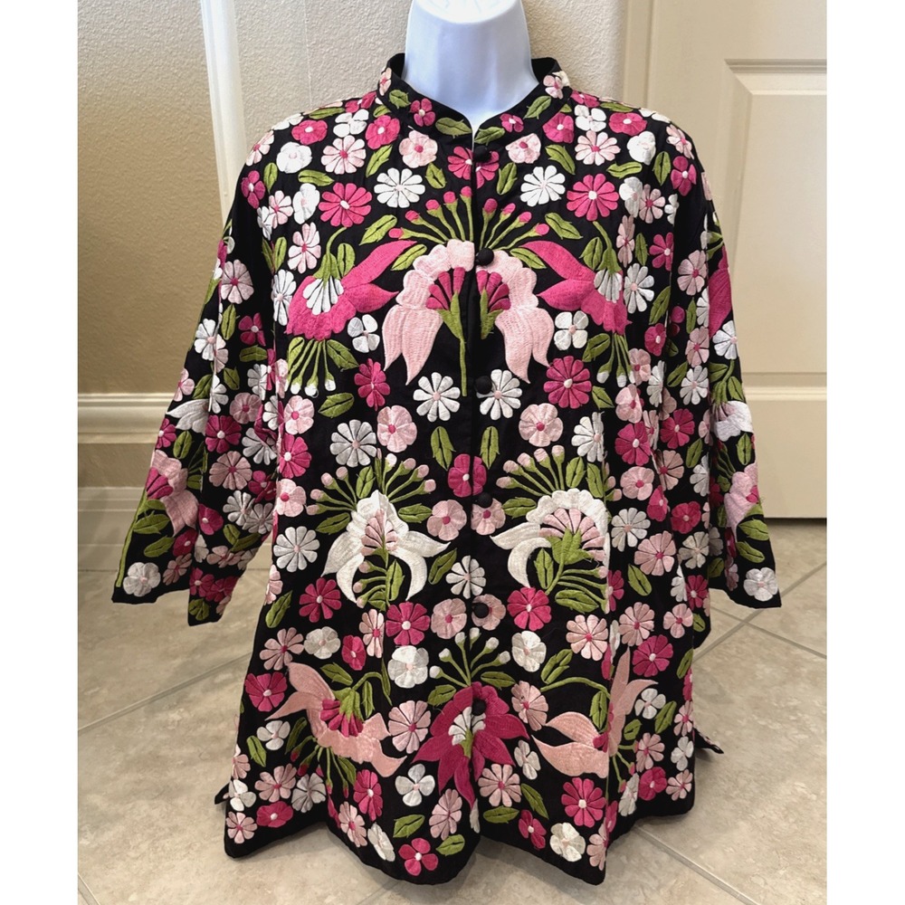VTG 60s Embroidered Cheongsam Shirt Jacket Floral Satin Suit Top Mandarin Collar
